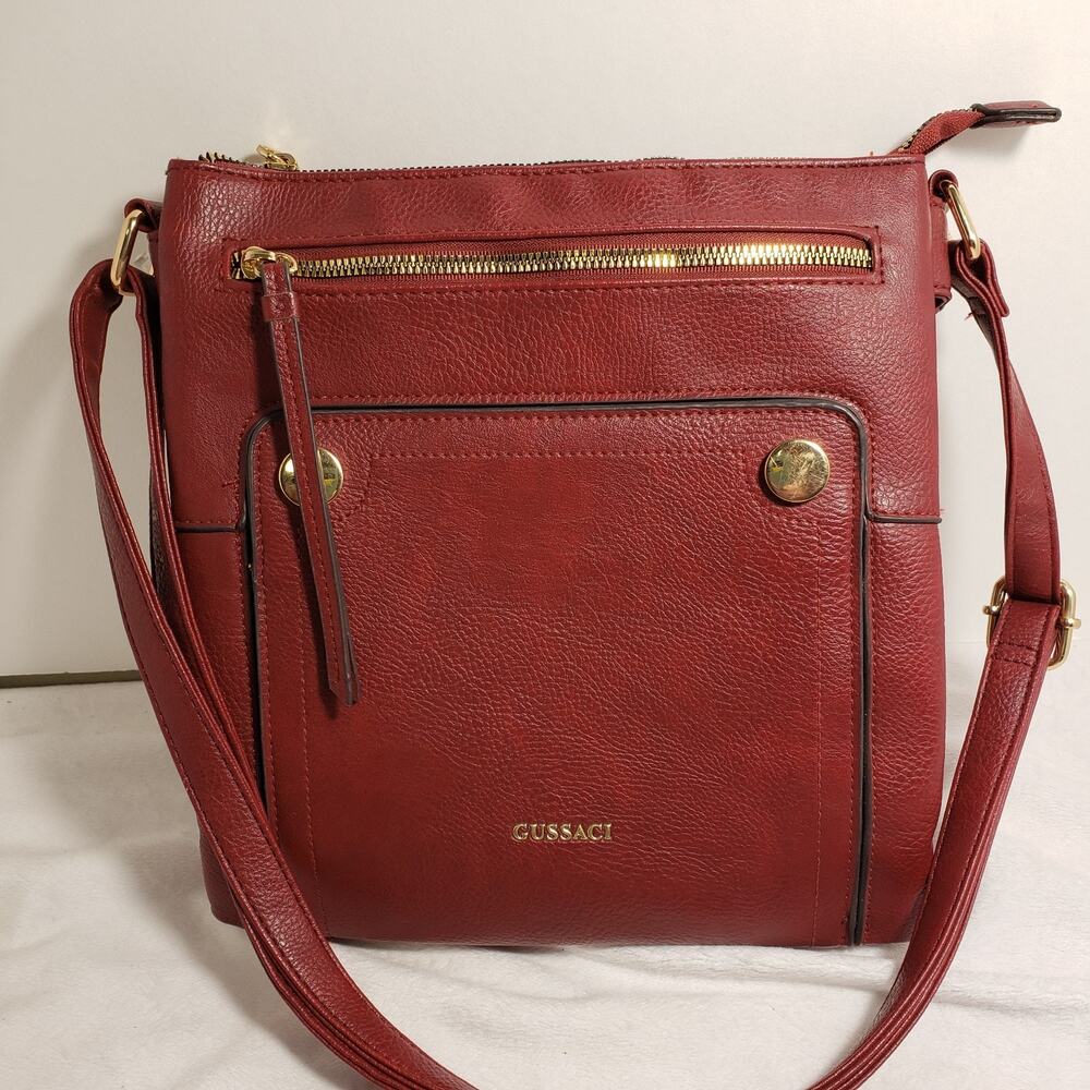 Gussaci Handbag Black Vegan Leather Cross Body Studded Pockets Zippers